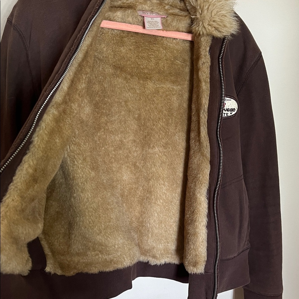 Faux fur MV Sport Brown Jacket w Oswego State logo